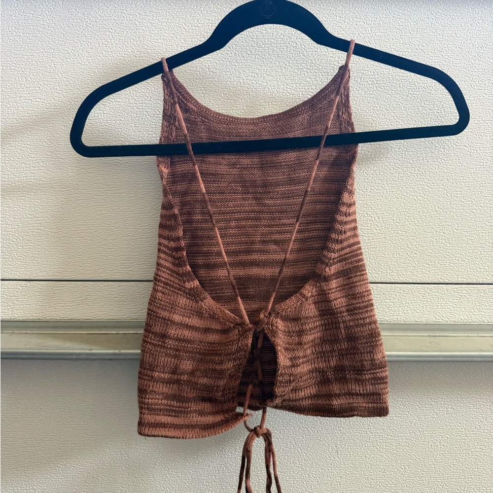 Brown Knit Tie-Back Crop Tank Top